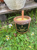 Handmade Organic Soy Candle in Ceramic Jar has a Bumble Bee Crescent with Wooden Wick.