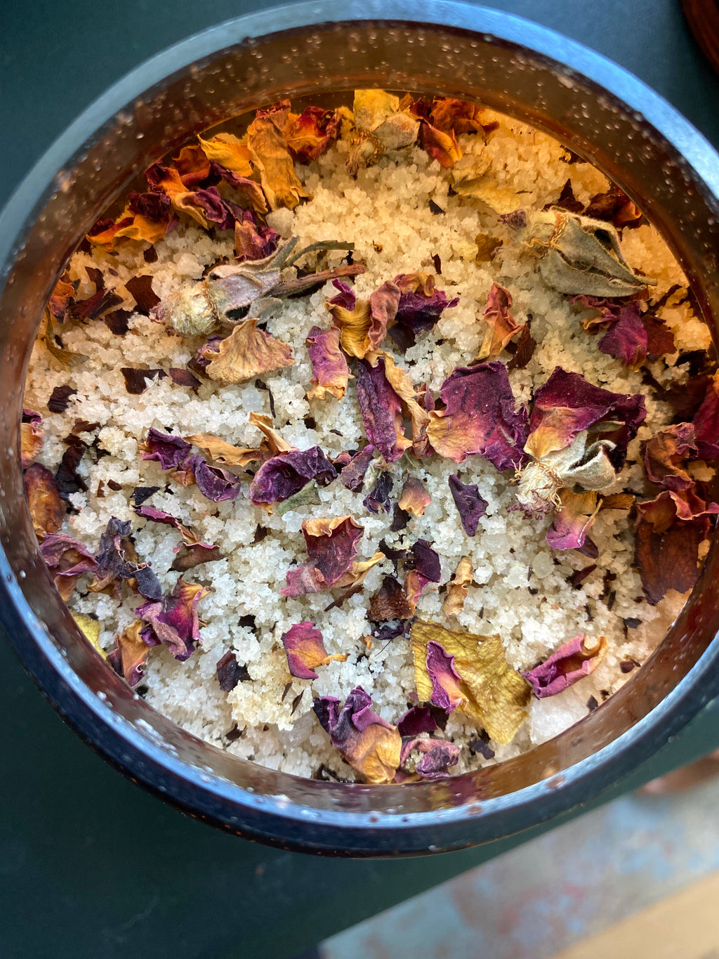 Amber Brown "5" inch Vintage Medicinal Jar with Lid has Therapeutic Scents of Sea Salt Pink Salt Jojoba Sunflower Shae Butter with Geranium Bergamot Cedarwood Clary Sage Lavender Tea Tree and Rose Petals with some Buds.