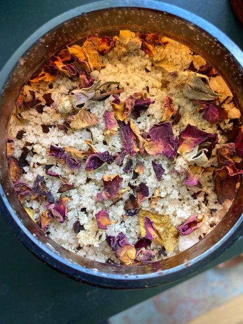 Amber Brown "5" inch Vintage Medicinal Jar with Lid has Therapeutic Scents of Sea Salt Pink Salt Jojoba Sunflower Shae Butter with Geranium Bergamot Cedarwood Clary Sage Lavender Tea Tree and Rose Petals with some Buds.