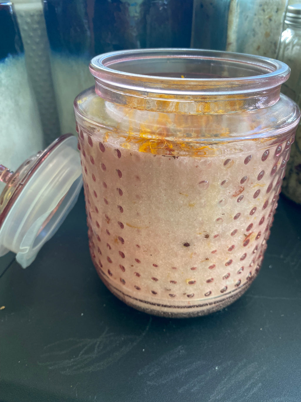 Ancient Pink Himalayan Salt blended with Epsom Salt Olive Jojoba Sunflower Shae Butter Oils with Hints of Tea Tree Lavender Sweet Orange and Geranium Essential Oil Mixed with Albizzide Jasmine and Lily Flowers