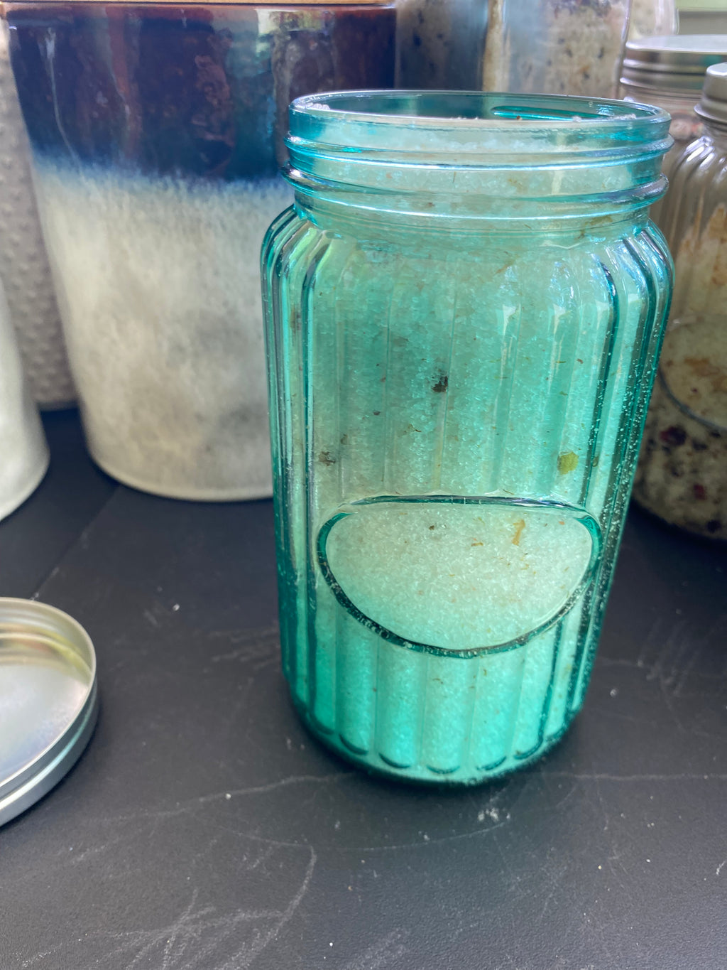 Vintage 42.85 oz. Turquoise Mason Jar Filled with Pink Sea Salt Epsom Salt Baking Soda Jojoba Olive Sunflower and Shae Butter Oil. Scents of Geranium Tea Tree Lavender/Sweet Orange Essential Oils with Blends of Calendula and Jasmine Flower.