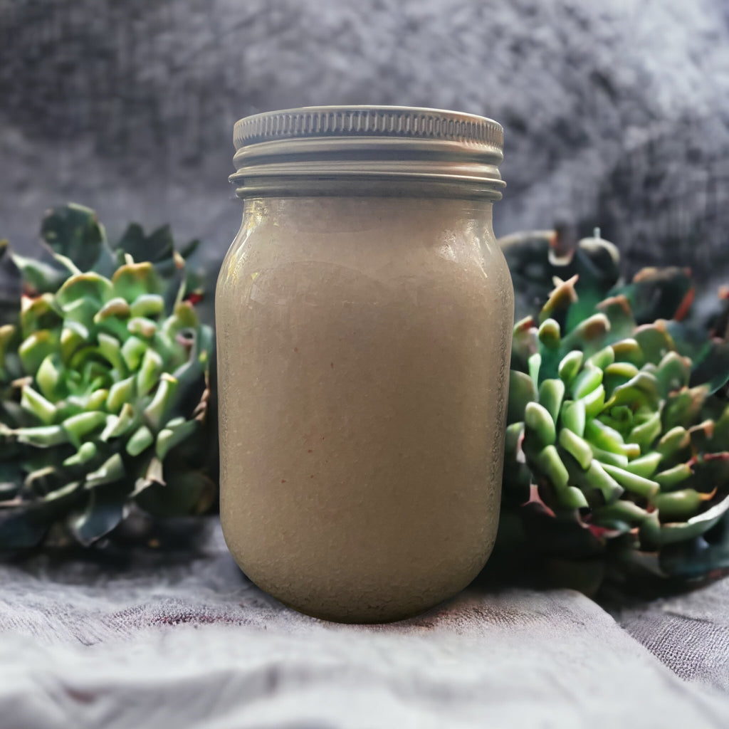 Small Mason Jar filled with Coconut Shae Butter and Olive Oils with Dead Sea Salt and Epsom Salt with Coconut Lime Essential Oils 
