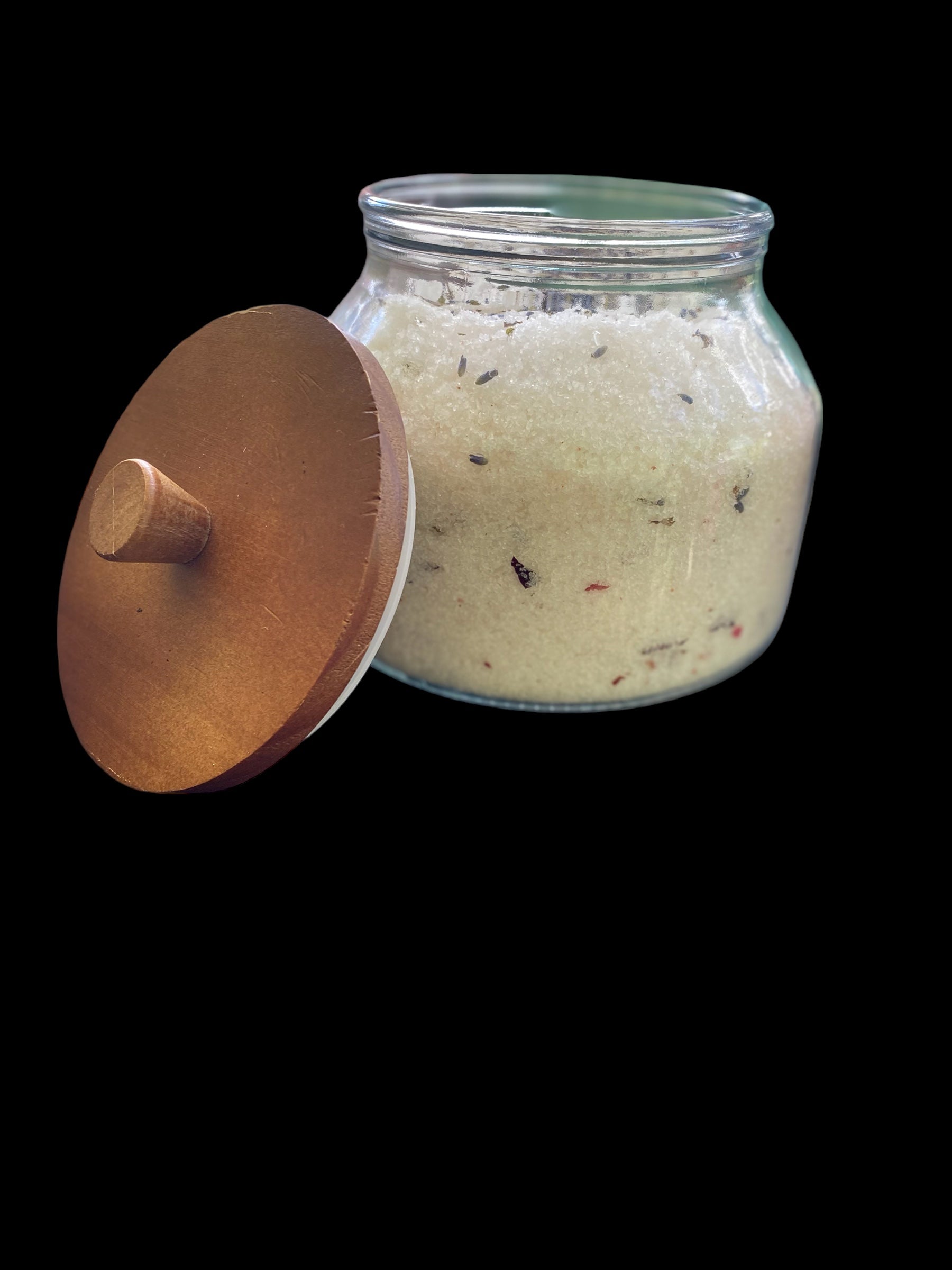 Vintage Homeopathy Jar with Brown Lid filled with Dead Sea Salt Pink Ancient Himalayan Sea Salt Jojoba Oil Olive Oil Sunflower Oil has Lily Rose and Lavender Flowers. 
