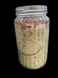 Clear Vintage Mason Jar Filled with Lavender Sweet Orange Tea Tree and Geranium Essential Oils has Dead Sea Salt Pink Himalayan Sea Salt has Olive Jojoba Sunflower and Shae Butter Oils. Blended with Rose Petals.