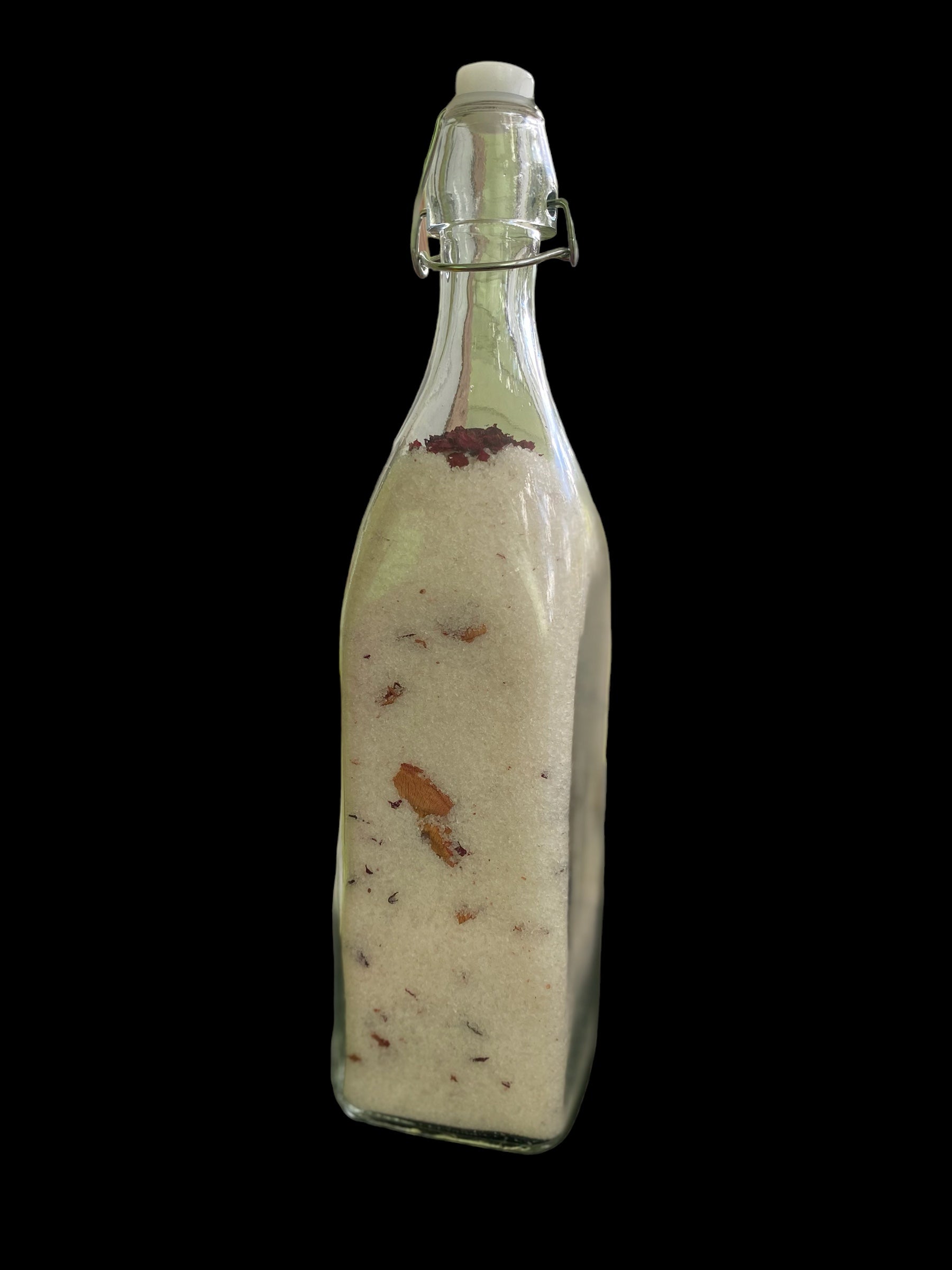 Vintage Square Glass Bottle Filled with Scents of Tea Tree Geranium Ylang Ylang/Lime Essential Oils made with Epsom Salts Pink Sea Salt Jojoba Olive Sunflower and Shae Butter Oil and Blended with Rose Petals
