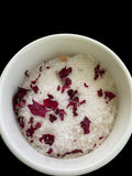 Blends of Rose Petals Himalayan Pink Sea Salt Epsom Salt Jojoba Olive Shae Butter Oils with Essential Oils Geranium Bergamot Cedarwood Clary Sage Lavender