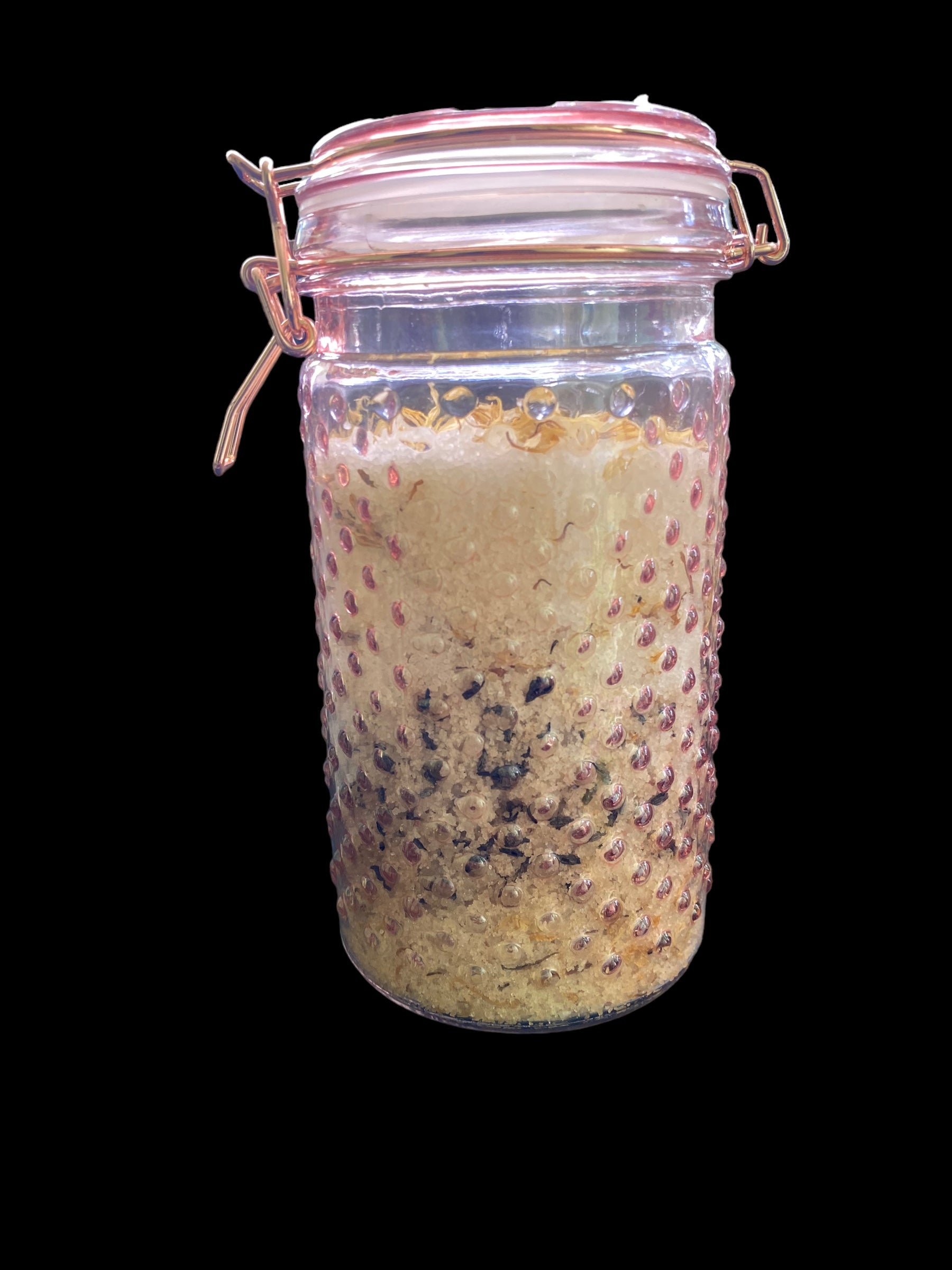 Ancient Pink Himalayan Salt blended with Epsom Salt Olive Jojoba Sunflower Shae Butter Oils with Hints of Clove Lavender Chamomile Tea Tree Tangerine Sweet Orange Geranium Essential Oil Mixed with Lavender Jasmine Rose Buds and Petals Lily's Calendula Albizzide Flowers